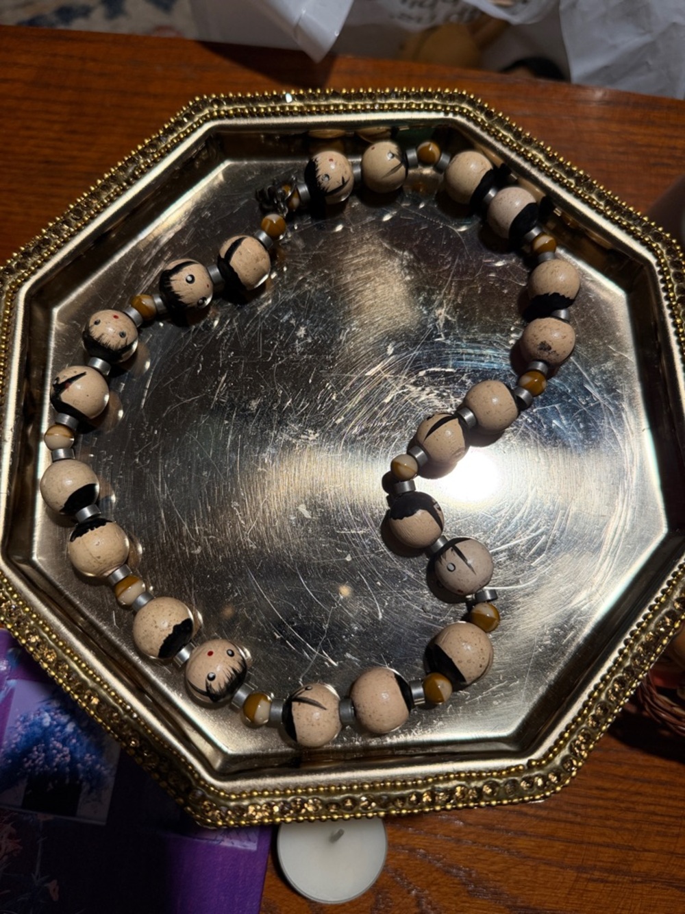 Kokeshi Hand-Painted Wooden Bead Necklace in Beige and Black